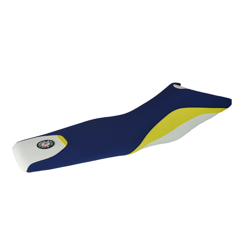 Seat Concepts Husqvarna 701 Enduro/Supermoto ('16-'20) Comfort XL Complete Seat [Cover Option: White & Neon Yellow Accent/Blue Luna Top]